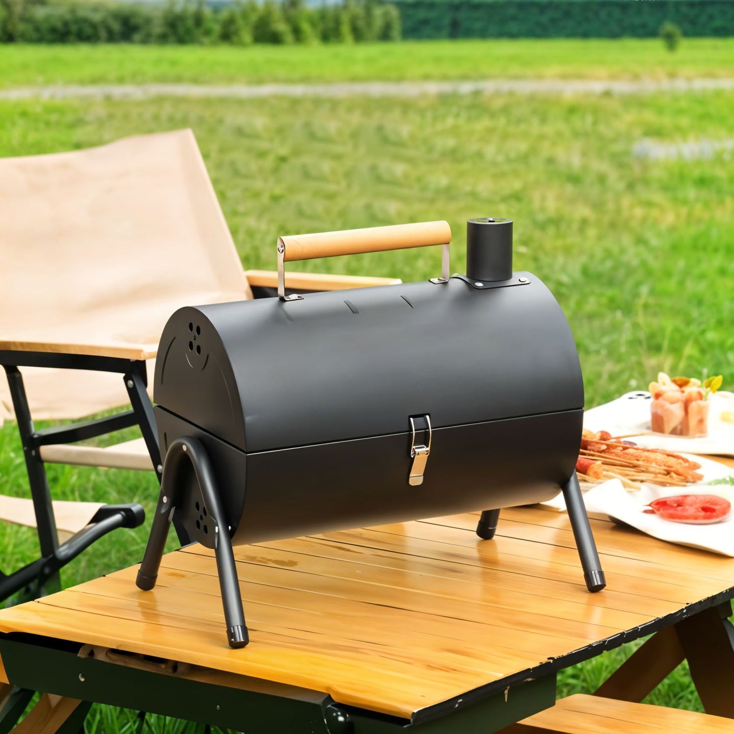 Portable BBQ Barrel – Double-Sided Foldable Charcoal Grill with Lid, Lightweight Design, Dual Vents, Perfect for Camping