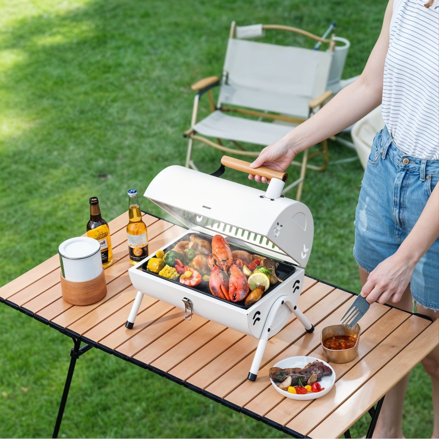 Portable BBQ Barrel – Double-Sided Foldable Charcoal Grill with Lid, Lightweight Design, Dual Vents, Perfect for Camping