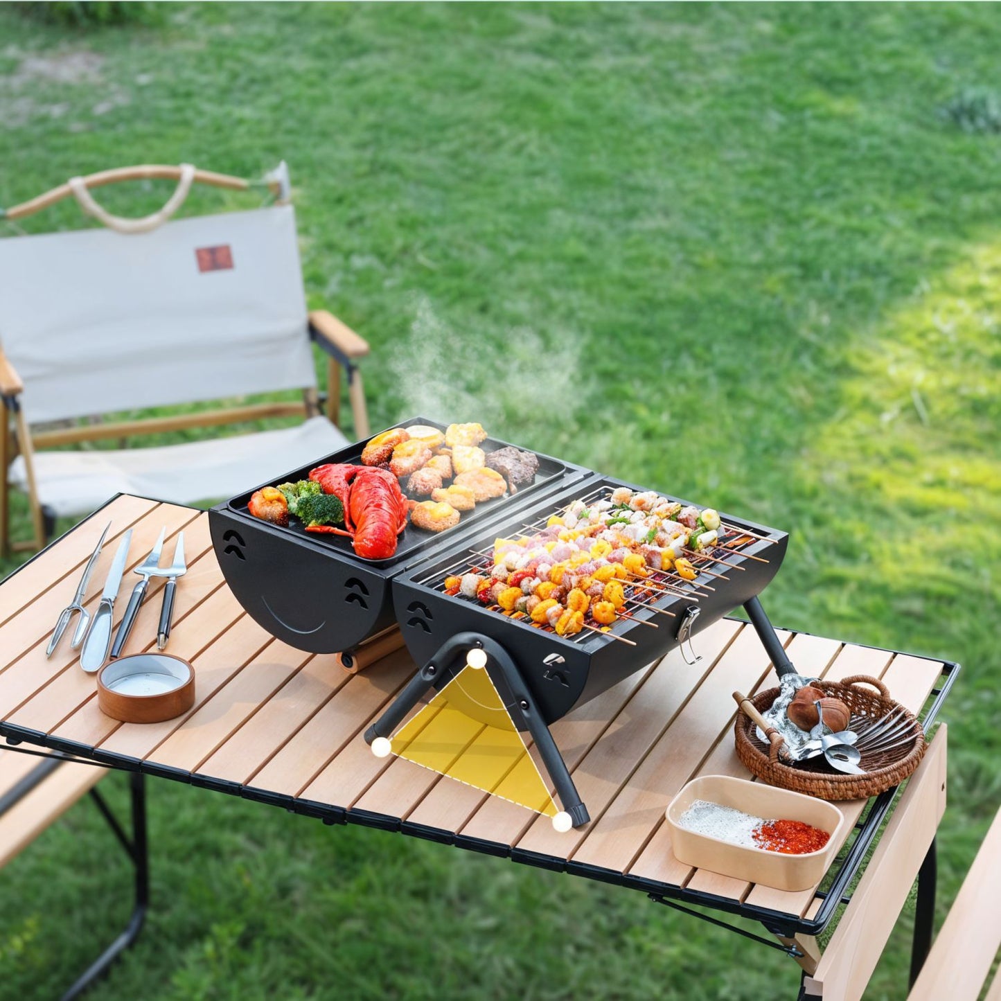 Portable BBQ Barrel – Double-Sided Foldable Charcoal Grill with Lid, Lightweight Design, Dual Vents, Perfect for Camping