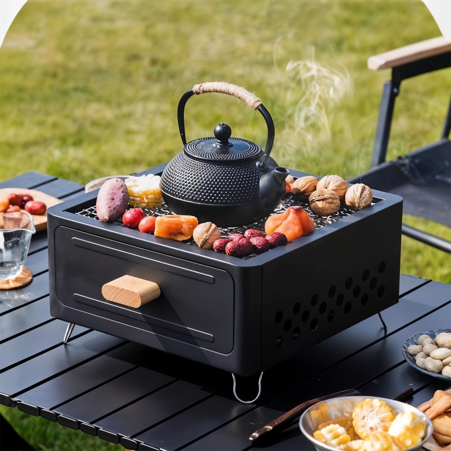 Portable Metal BBQ Grill with Charcoal Tray – Tabletop Charcoal Barbecue, Sleek Modern Design, Well-Ventilated, Lightweight