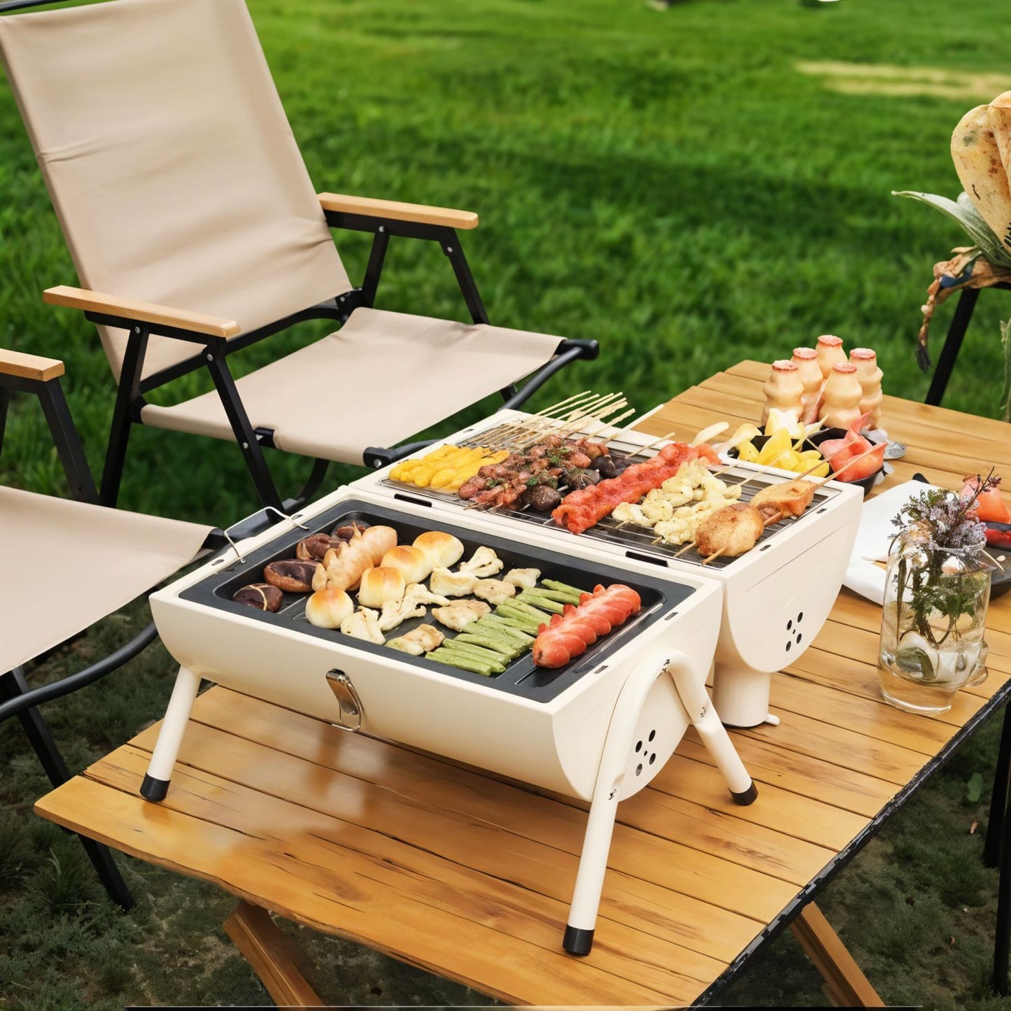 Portable BBQ Barrel – Double-Sided Foldable Charcoal Grill with Lid, Lightweight Design, Dual Vents, Perfect for Camping