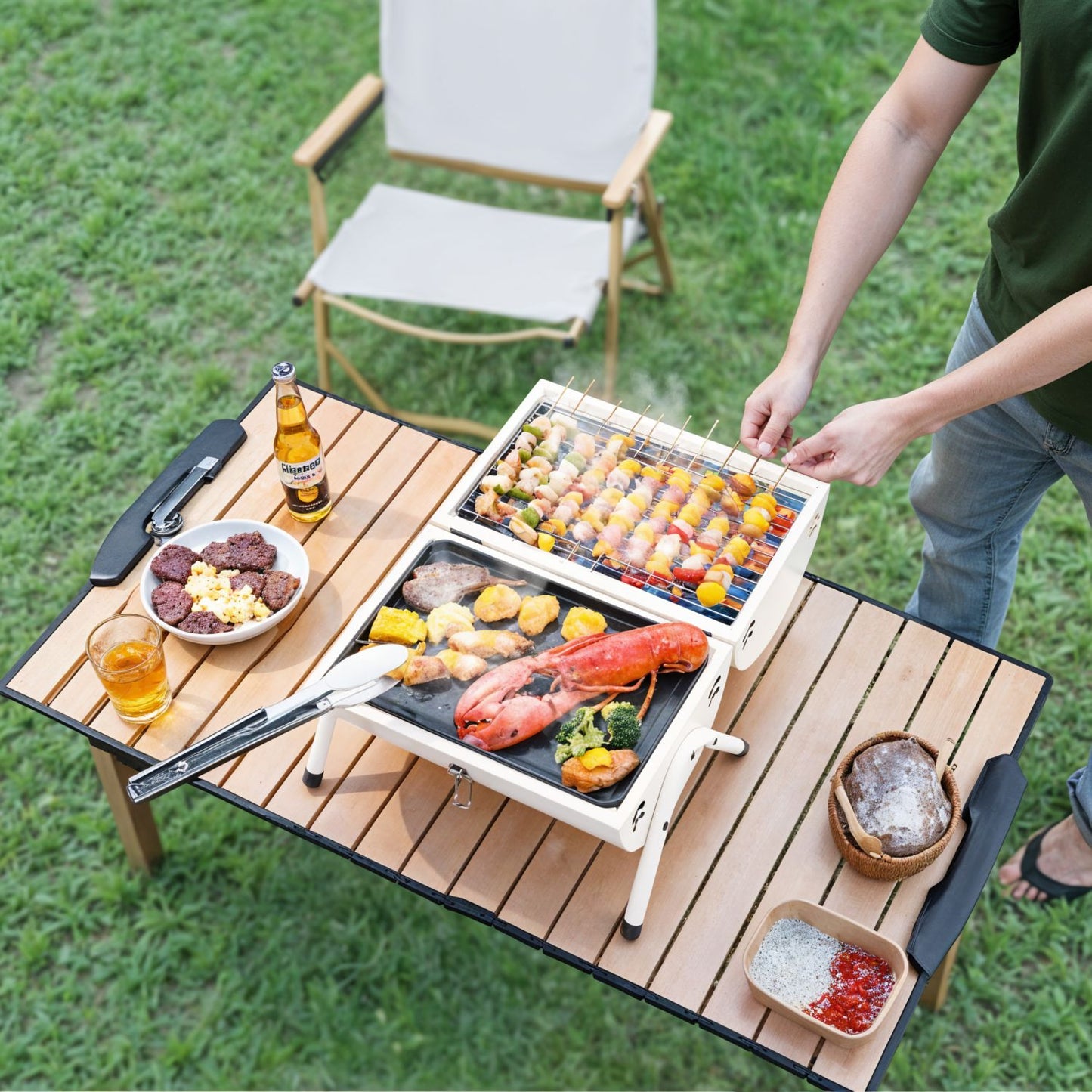 Portable BBQ Barrel – Double-Sided Foldable Charcoal Grill with Lid, Lightweight Design, Dual Vents, Perfect for Camping
