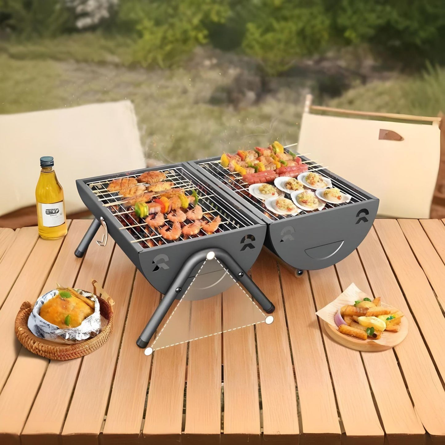 Portable BBQ Barrel – Double-Sided Foldable Charcoal Grill with Lid, Lightweight Design, Dual Vents, Perfect for Camping